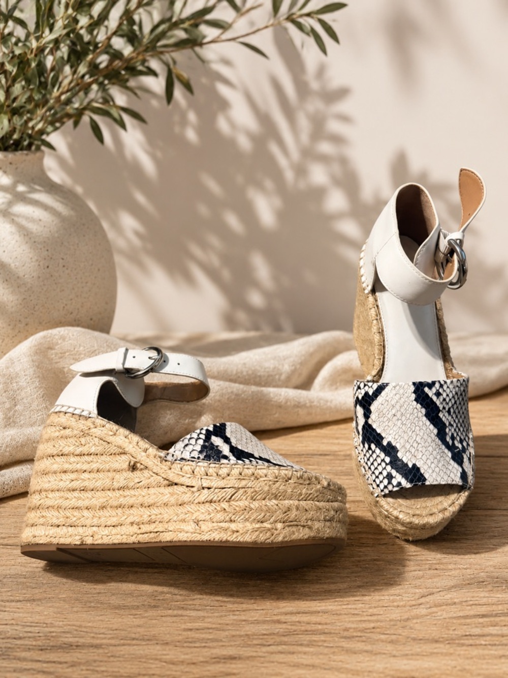 Marc Fisher White and Black Snake-Print Espadrille Wedge Sandals